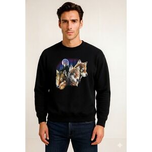 Robert Allan Sweatshirt Men L Black Wolf Moon Graphic Preshrunk Warm USA Vintage
